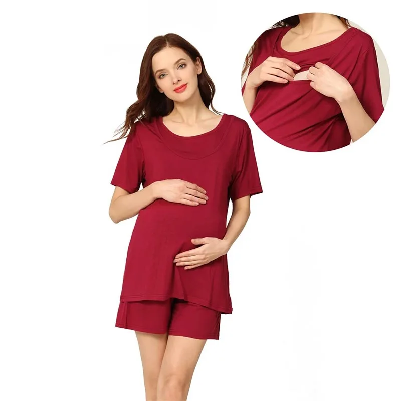 Maternity Shorts Pajama Set Short Sleeve Sleepwear Nightwear Breastfeeding Maternity Clothes Adjustable Size Pregnancy Shorts