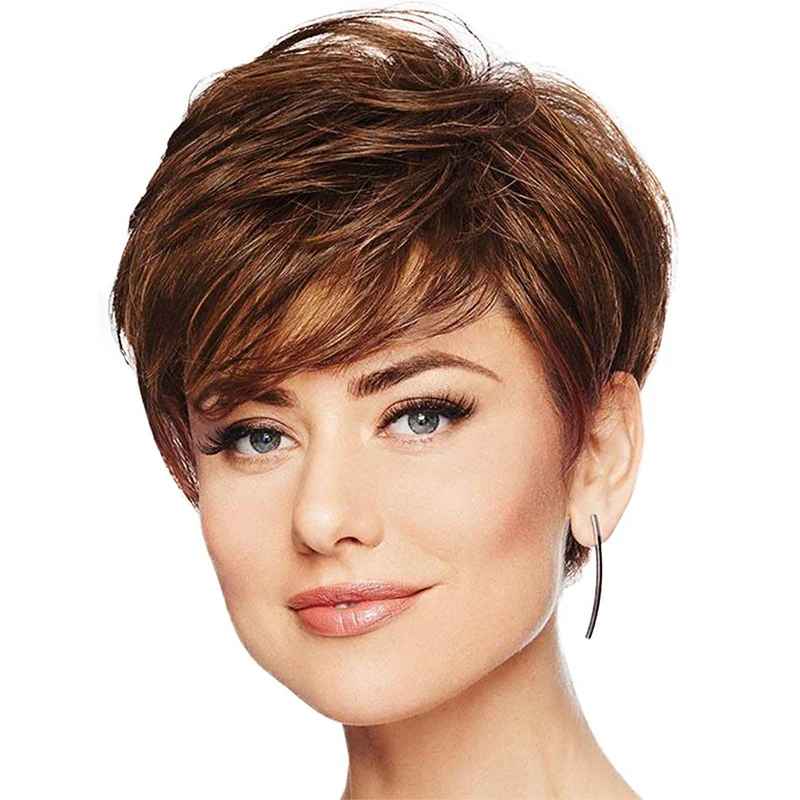 

Real human European and American style women's wig, mixed color short hair, side-parted with elastic net bangs