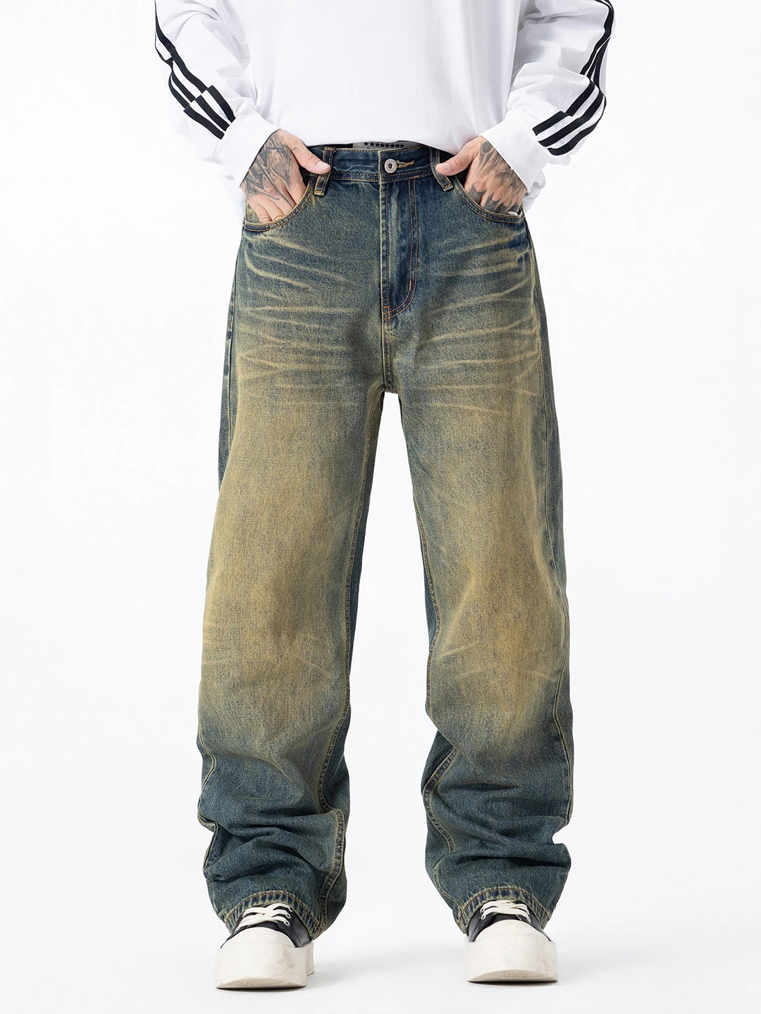 

Retro American Jeans Men's Spring New High Street Yellow Mud Dye Waed Loose Straight Leg Wide Leg Pants