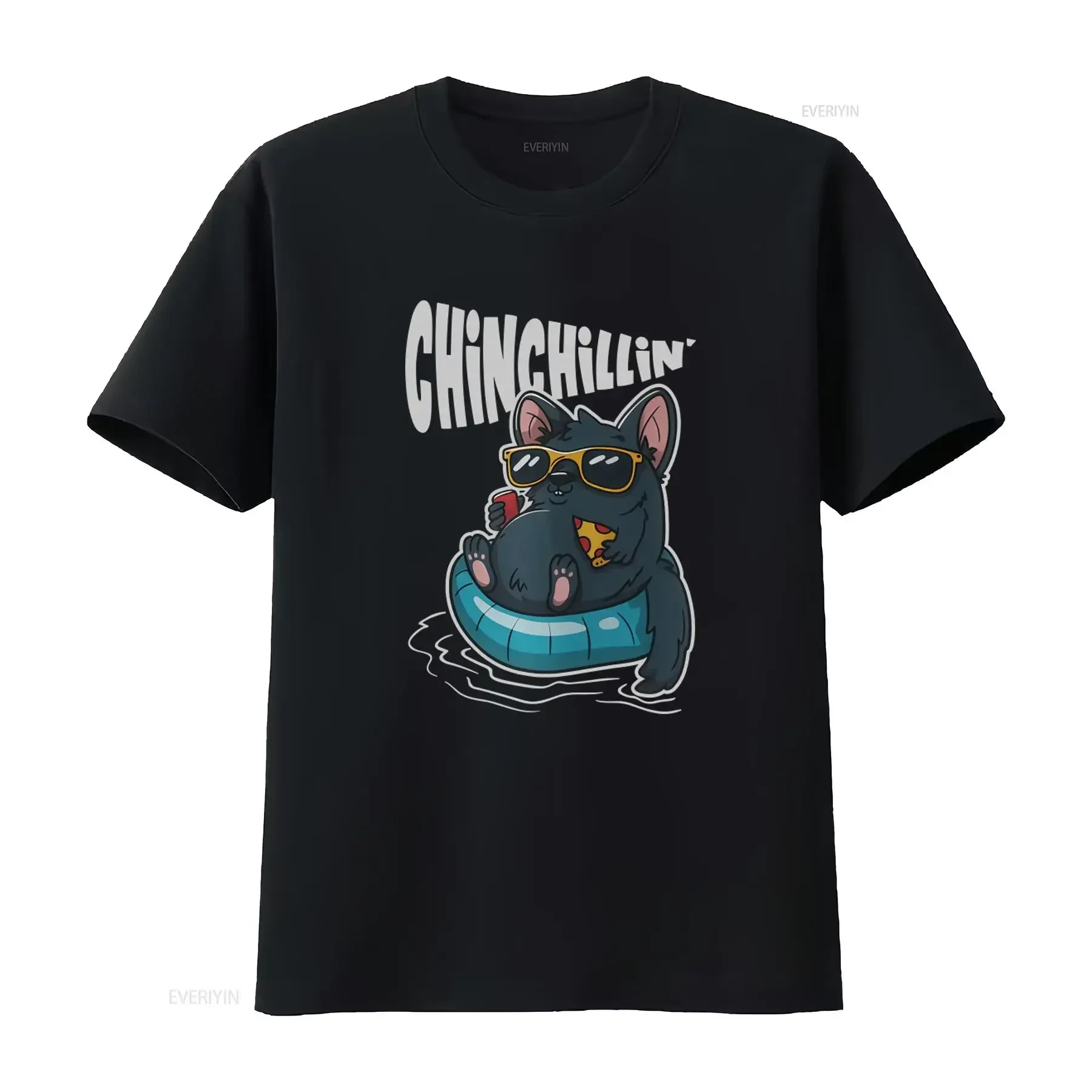 Chinchilla T Shirt for Rodent Lovers Chinchillin Design Cute Cartoon with Sunglasses Pizza and Drink Perfect Casual Wear