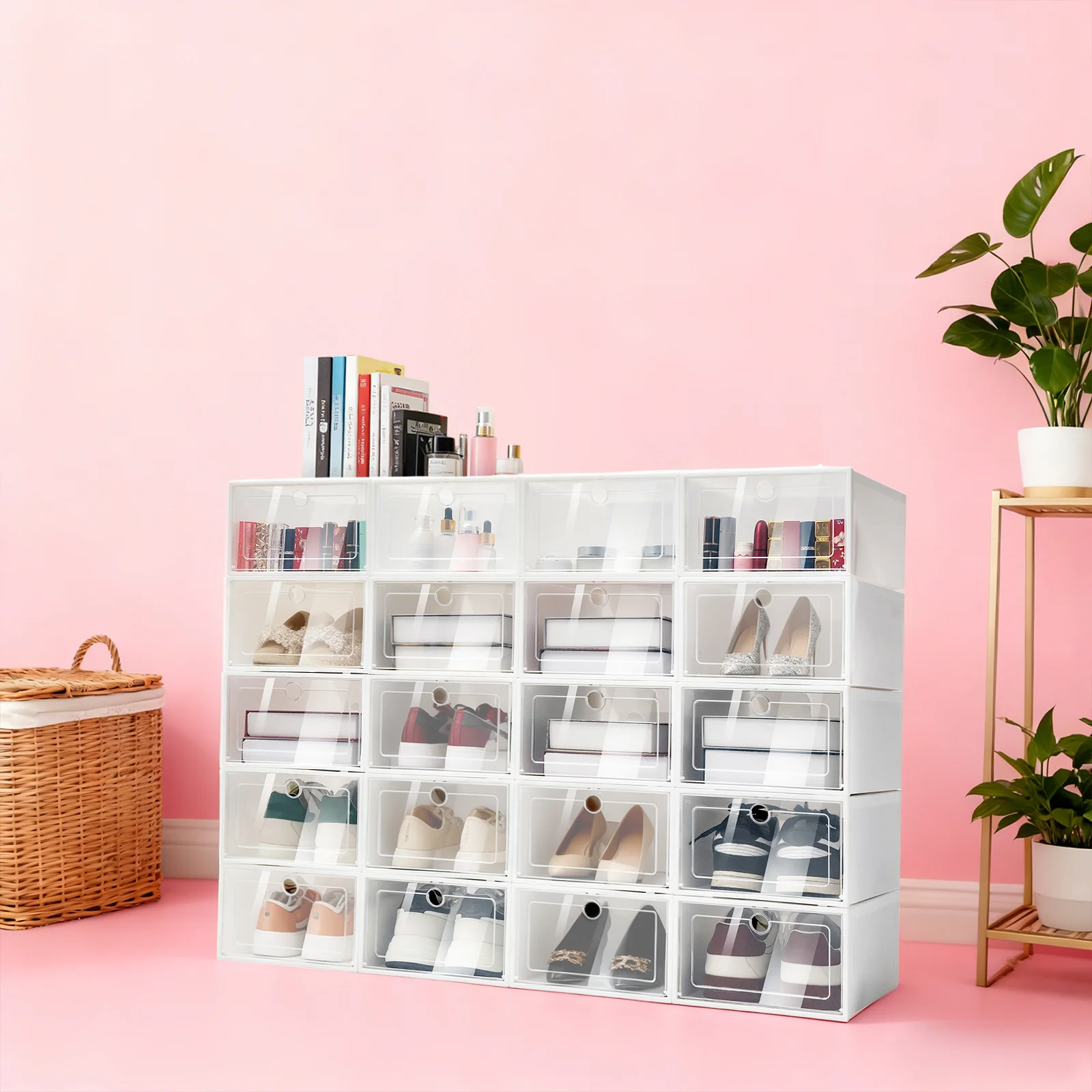 20 Large-Sized Angel Shoe Boxes White Rectangle Multiple Shoe Boxes Foldable Shoe Cabinet for Accessories Bedding Toys Cables