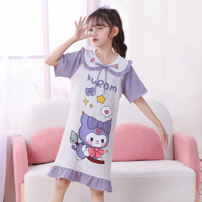 Girl's Summer Pajamas Sanrio Hello Kitty Kuromi Children's Dress Pochacco Anime Cartoon House Clothing Short Sleeved Cute Skirt