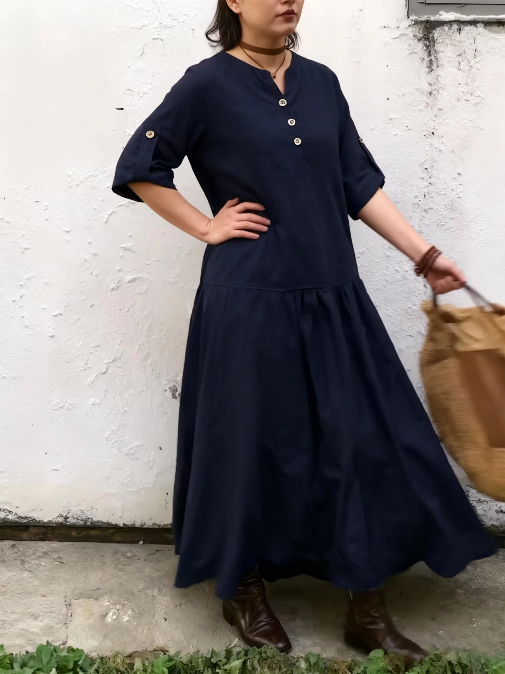 女性用ドレス カジュアル 3/4 スリーブ ボタンドレス ソリッド バギー ルーズフィット 流れるようなサマーマキシドレス