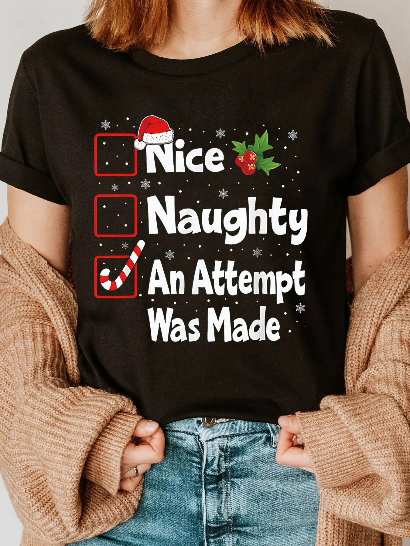 [Holiday Orientation] Christmas "Good/Naughty/Tried" Humorous Christmas Text Printing Large Size Wom