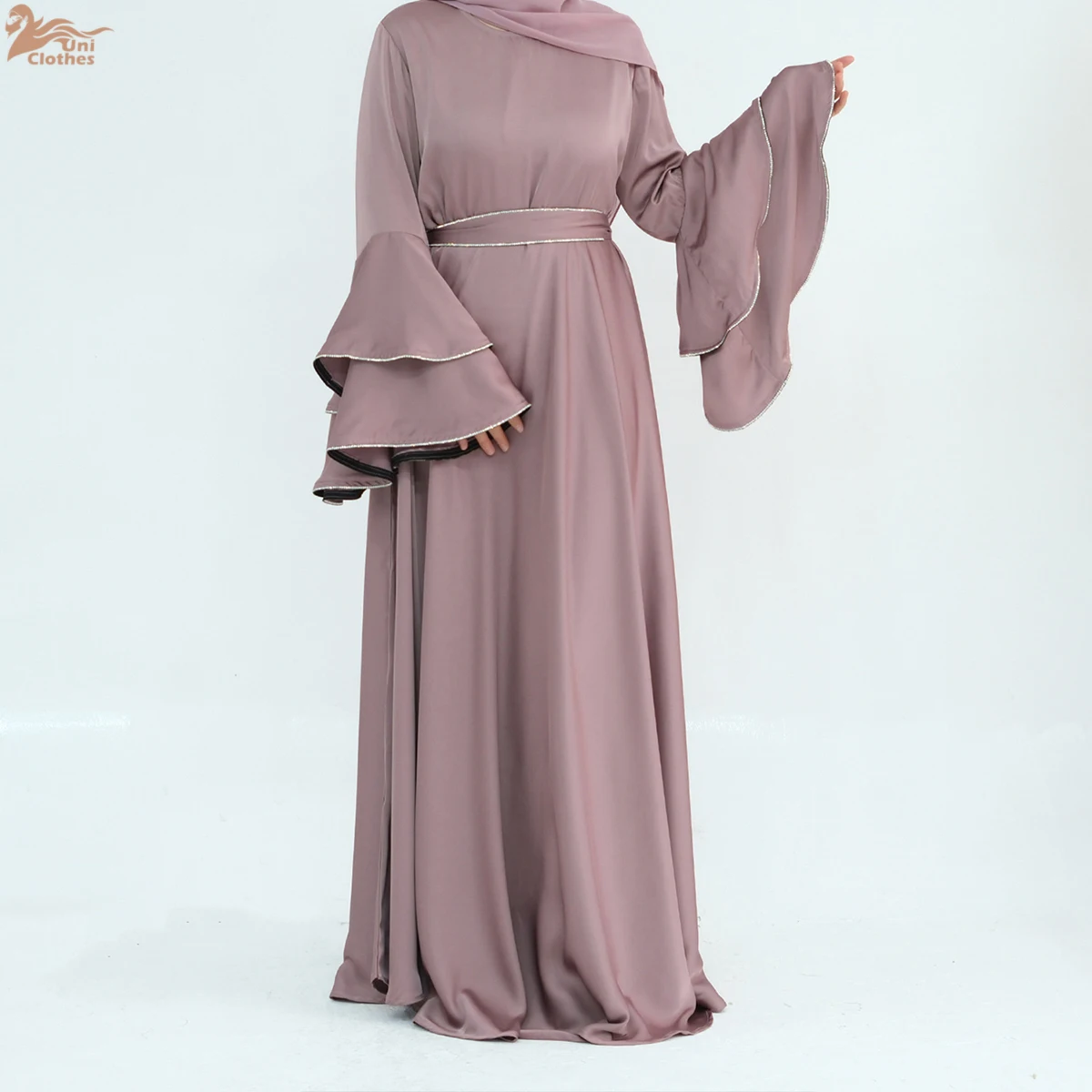 ユニ2025 イード・ラマダン 女性用ムスリムドレス ダブルレイヤー ベルスリーブ クリスタル付き 控えめなドレス 女性用アバヤ