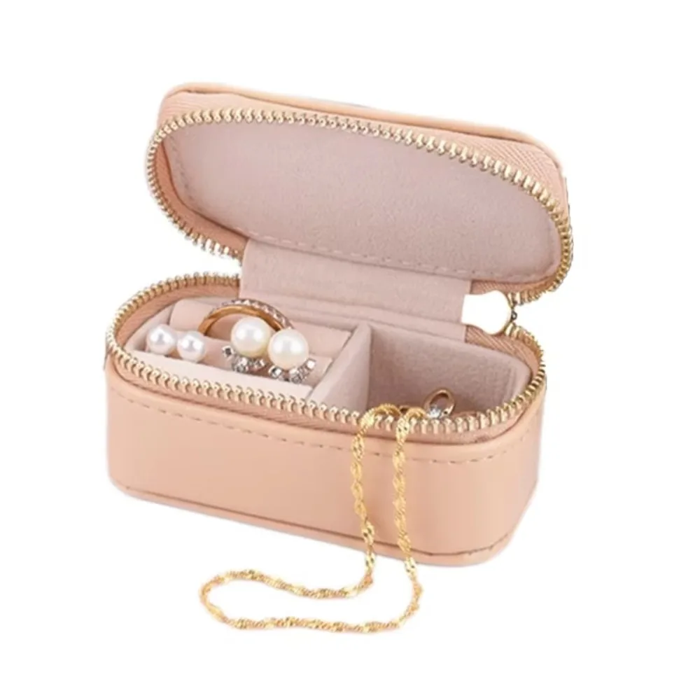 Mini scatola per anelli in velluto con cerniera Custodia per gioielli a strato singolo Custodia da viaggio per orecchini color caramello di grande capacità