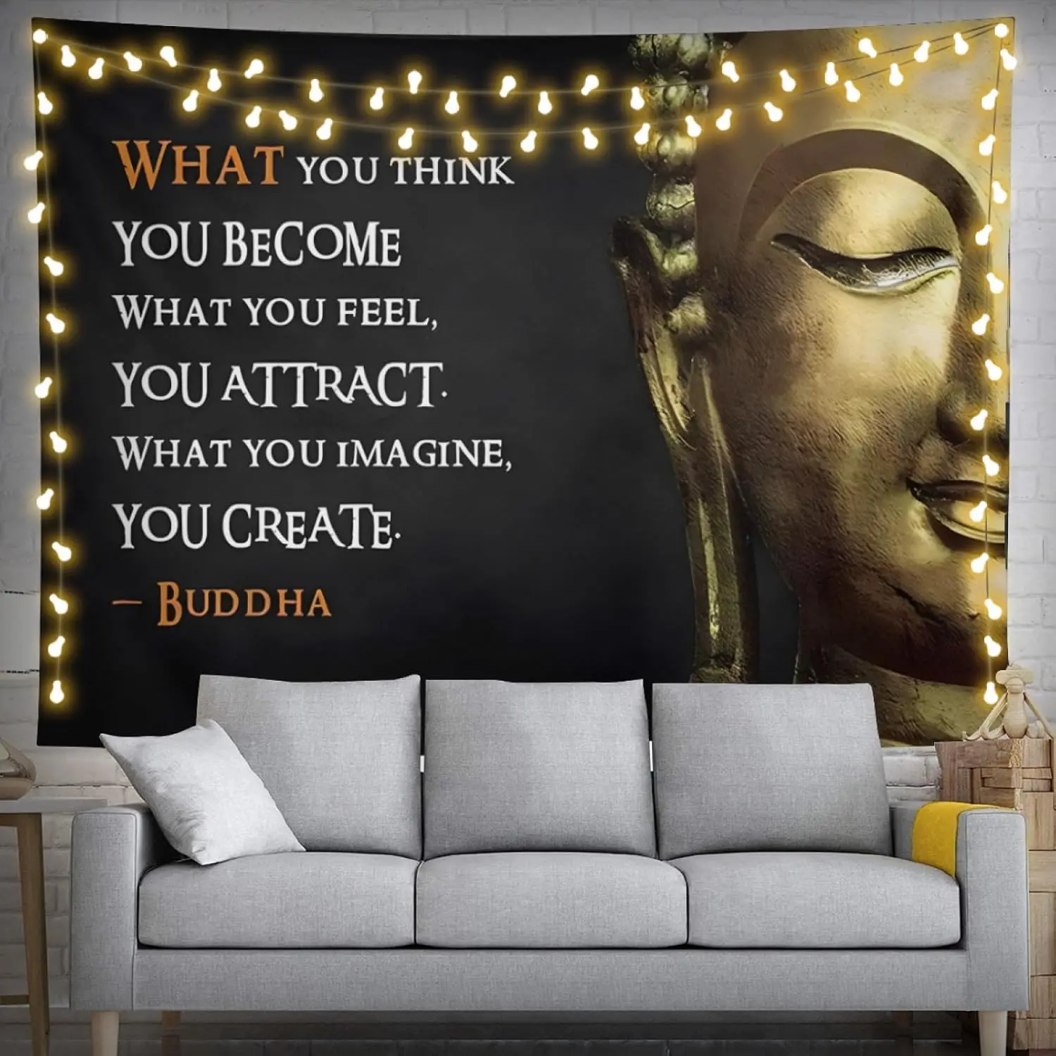 Quotes Tapestry Wall Hanging - Serene Zen Wall Art with Large Buddha Statue Modern Meditation Artwork - Spiritual Radha Krishna