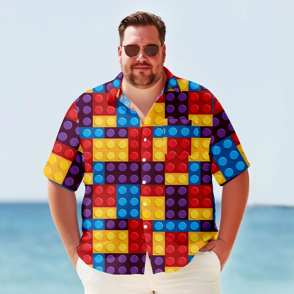 

Big & Tall Hawaiian Shirt For Men Retro Bowling Block Pattern Quick Drying Summer Plus Size Y2kStreetwear Short Sleeve Oversized