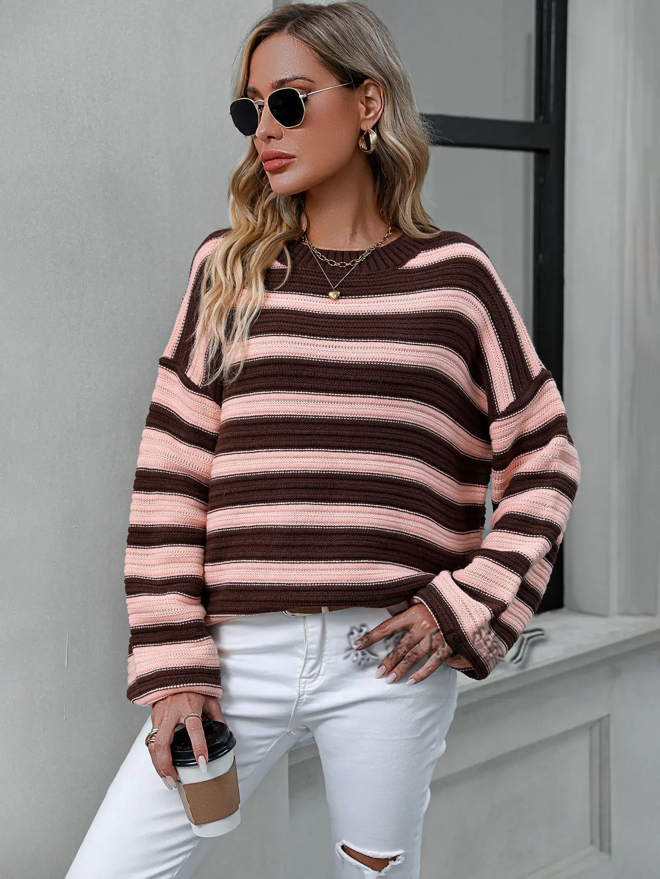 

2023 Autumn Winter Striped Knitwear Large Size Women round Ne Overhead Sweater Commute Sle Long Sve Tee-acetate Fiber
