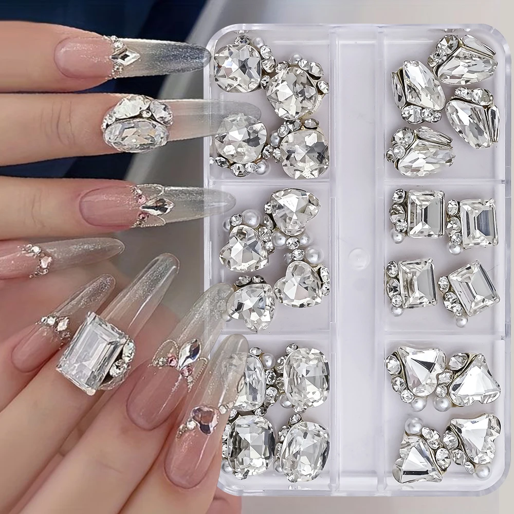 24 Stuks/1 Doos Luxe Heldere Kristallen Nagel Steentjes Sprankelende Flakback Nagelstapel Diamant 3d Hart/Vierkant/Cirkel Glazen Nagel Bedels