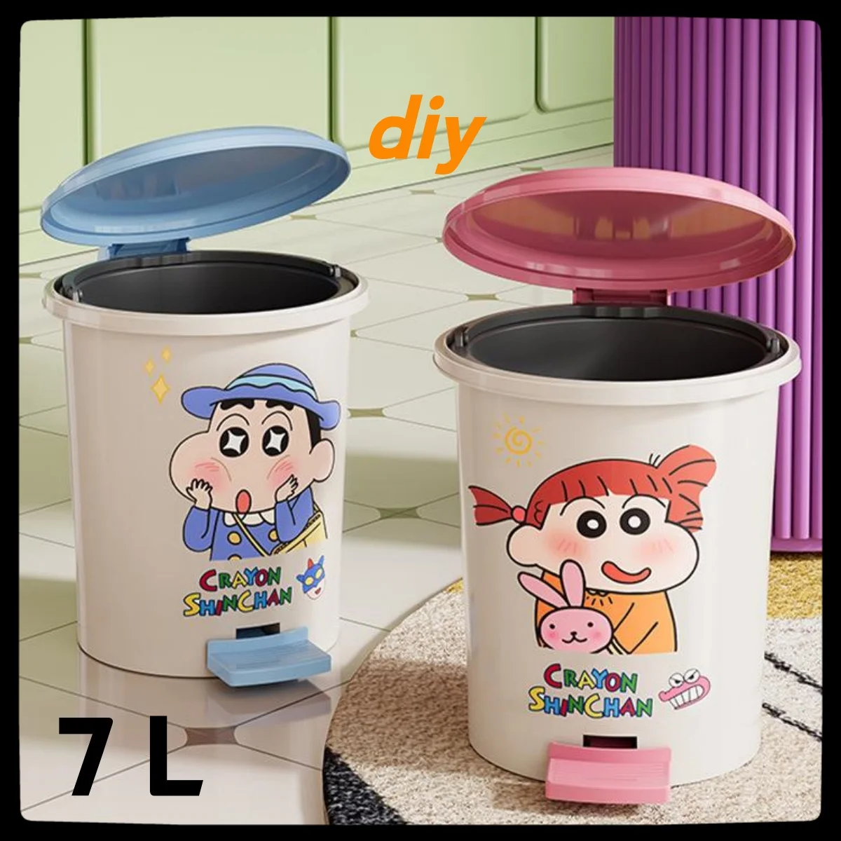 Crayon Shin chan Cute Garbage Can DIY Stickers Home Cartoon Living Room Bedroom with Cover Bathroom can Trash Kitchen 7L Large
