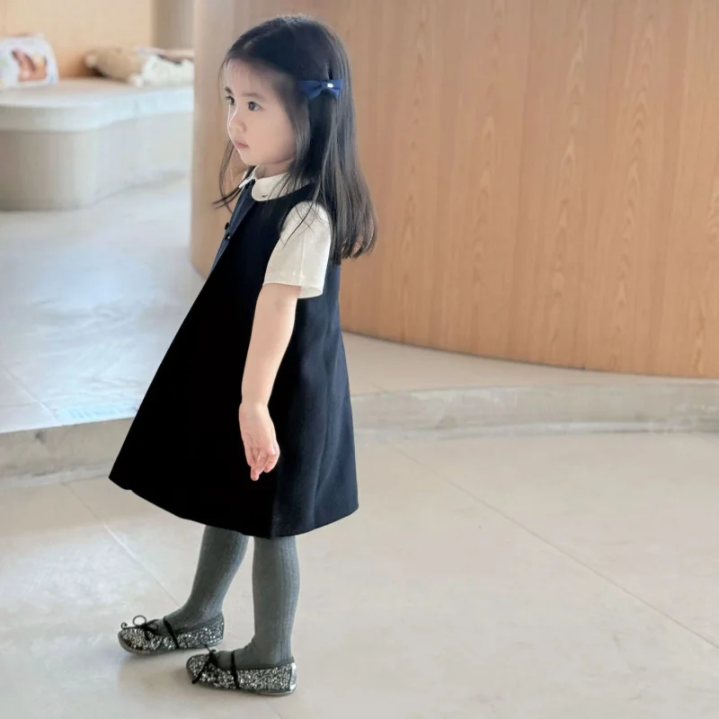 

Girls' Vest Dress Set Spring/Summer New Fashionable Suit Collar Embroidered Dress Children's Fashion College Style