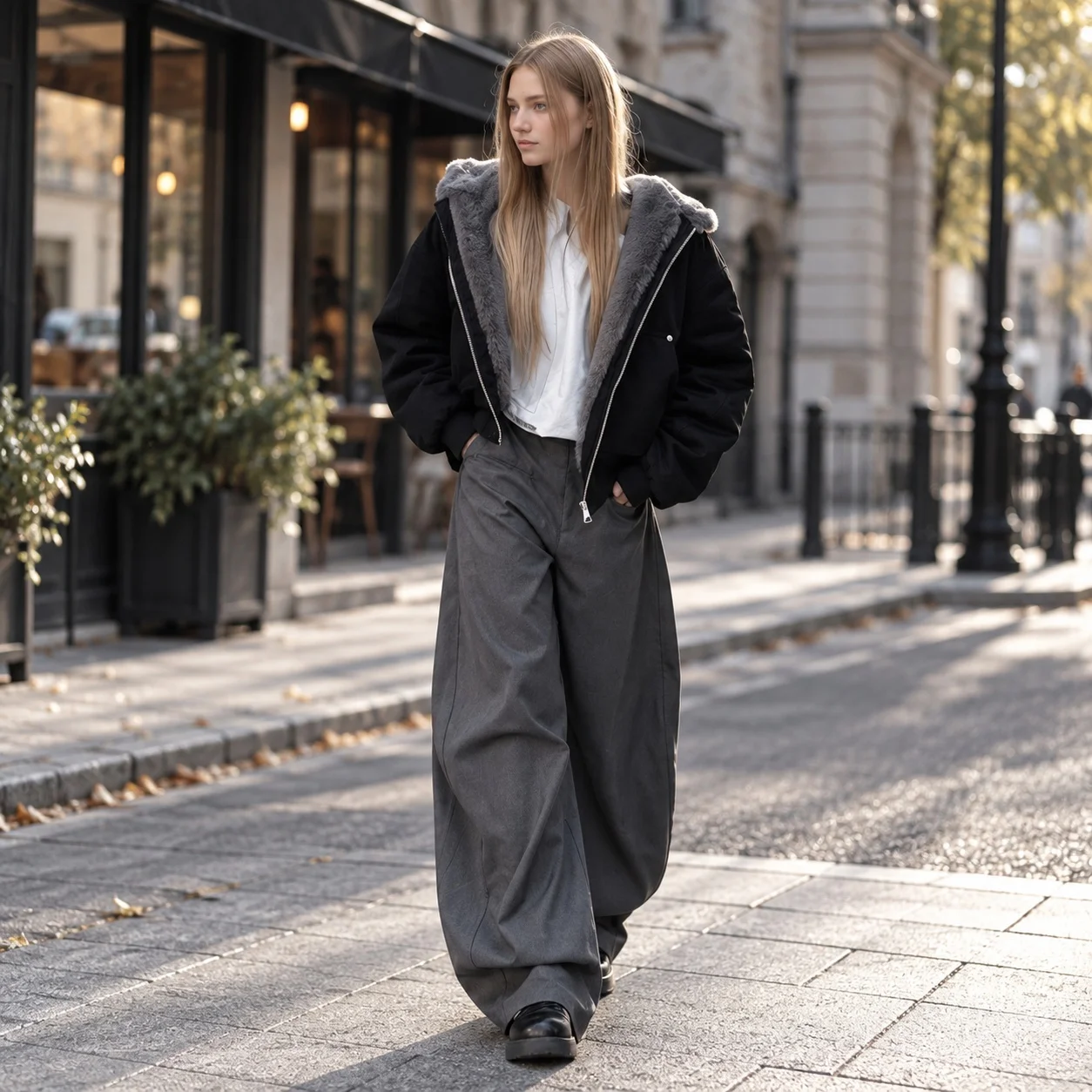 Hooded Single Coat Regular Length with Zipper Closure Pocket Thickened Winter Loose Fit Sexy Elegant Commuting Women Coat