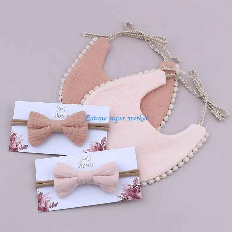 

090B Infant Skin-friendly Saliva Towel Toddler Feeding Bibs with BowknotHairband