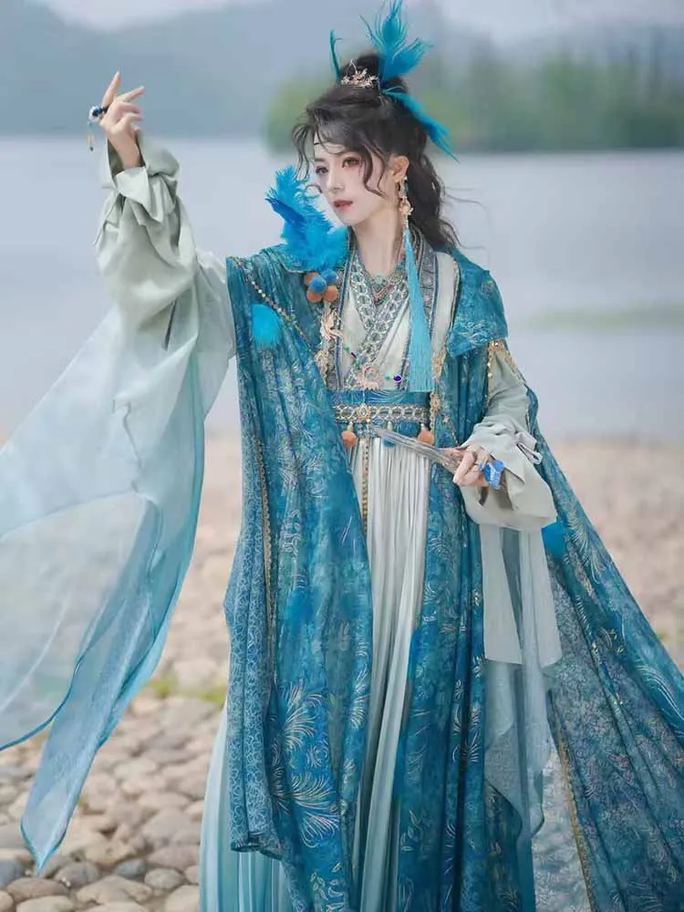 Exotic Ethnic Hanfu Women Embroidery Cape Set Blue Feather Decor Ancient Chinese Cosplay Outfit Luxury Tang Dynasty Hanfu Costum
