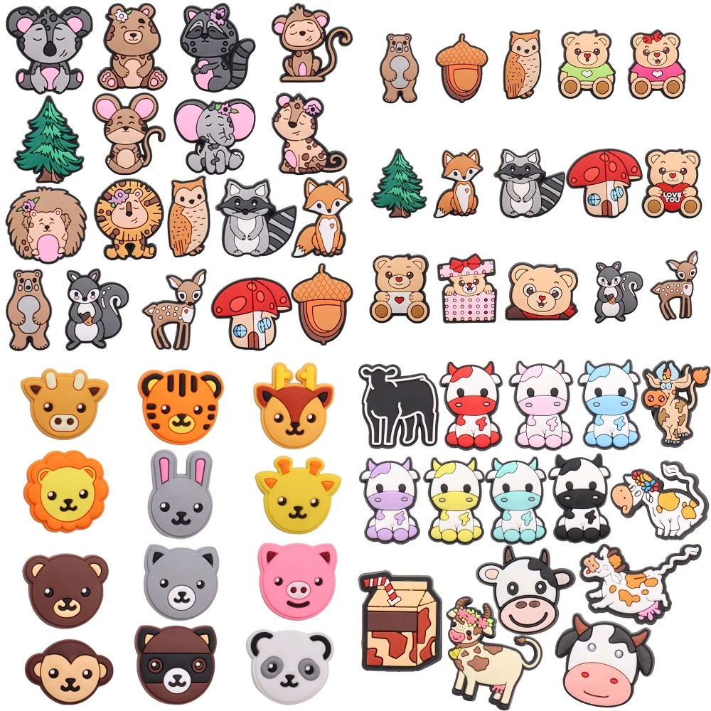 

12-18Pcs Cartoon Animal Cow Bear Fox Owl Elephant Tiger Lion Rabbit PVC Sandals Shoe Charms For Clogs Pins Slipper Accessories