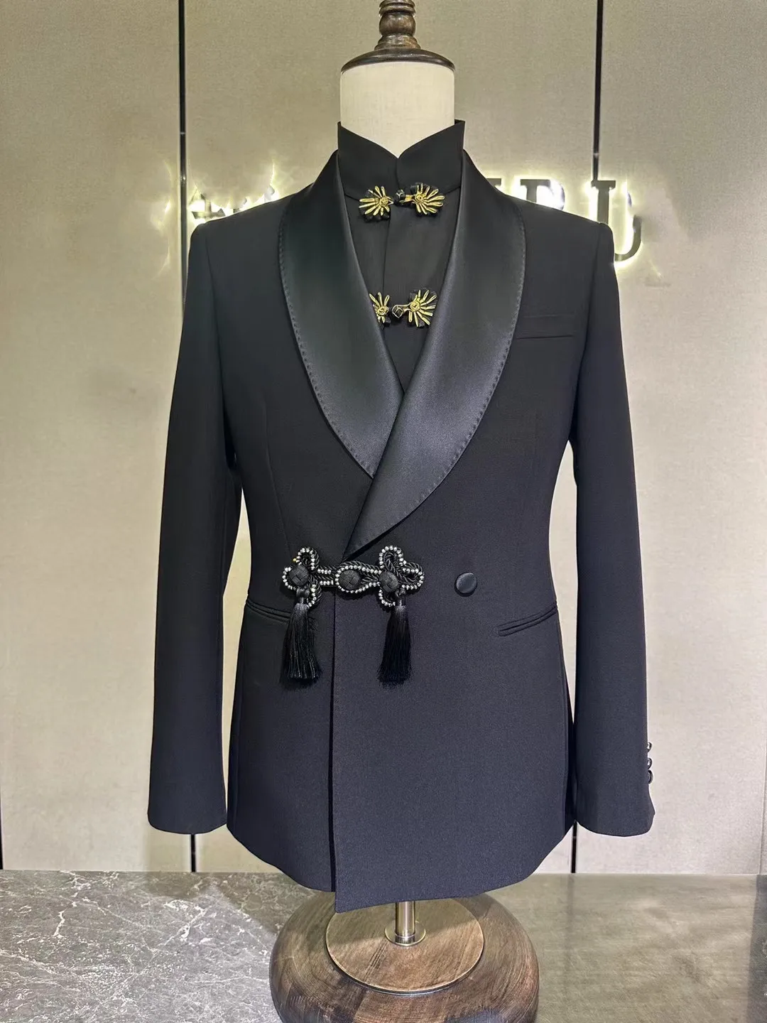 Custom Sticky diamond Shiny Black Wedding Suits for Mens Formal high-grade Blazers Party perform Fashion model runway clothing