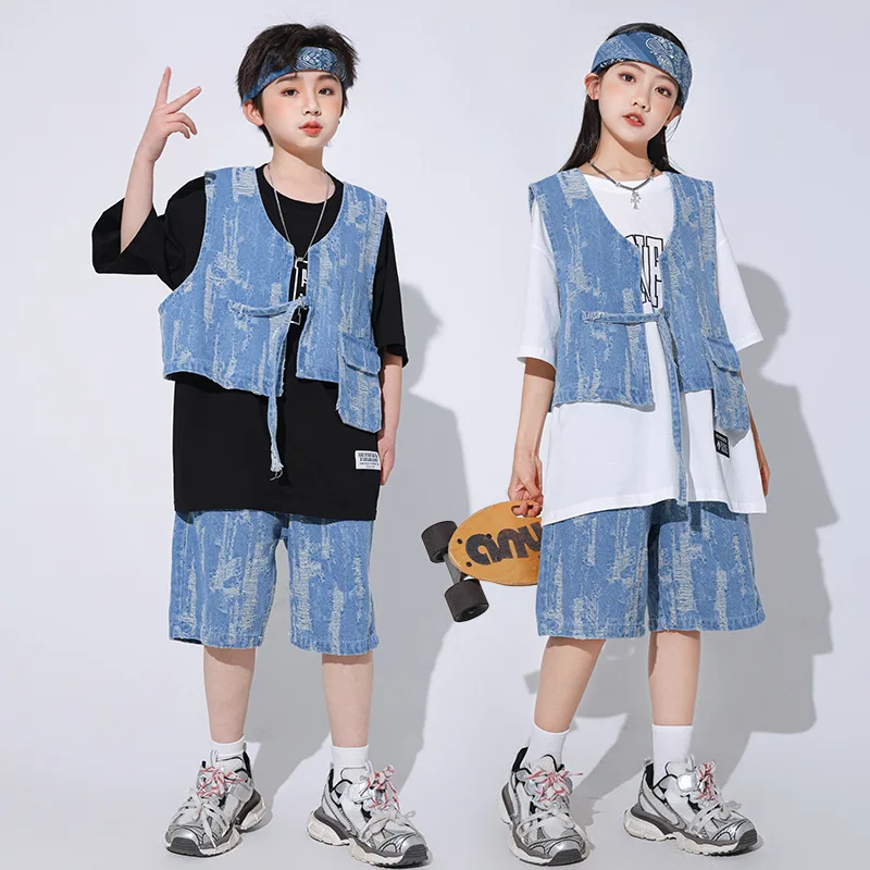 Kid Hip Hop Clothing Denim Blue Ribbed Sleeveless Jacket Vest Casual Summer Jeans Shorts for Girl Boy Jazz Dance Costume Clothes