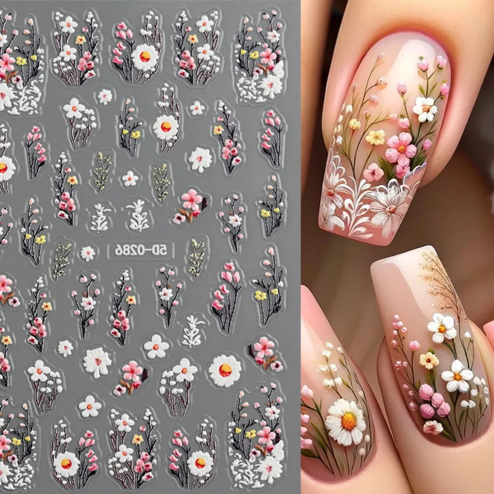 5D Embossed Lavendar Flowers Stickers Self-Adhesive Spring Sakura Floral Leaves Nal Decal DIY 8x10cm Manicure Flowers Slider