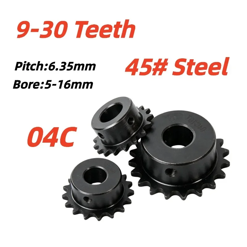 1PC 45# Steel Black Oxide 04C Chain Sprocket, 9-30 Teeth, Pitch 6.35mm, Bore 5-16mm Industrial Drive Sprocket Wheel