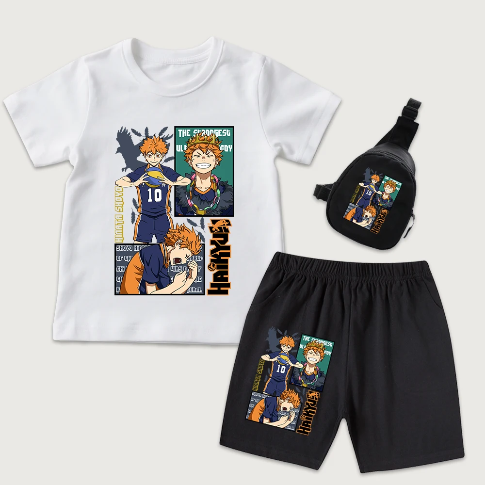 Haikyuu Shoyo Hinata Anime Print Kids Cotton T Shirt Shorts Mini Chest Bag 3 Piece Set for Boys Girls Casual Summer Outfit