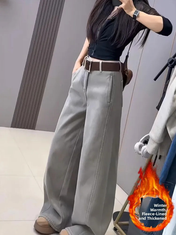 

Утепленные джинсы из денима для женщин, осенне-зимние, новые, больших размеров, прямые, широкие брюки для фигуры типа «груша»