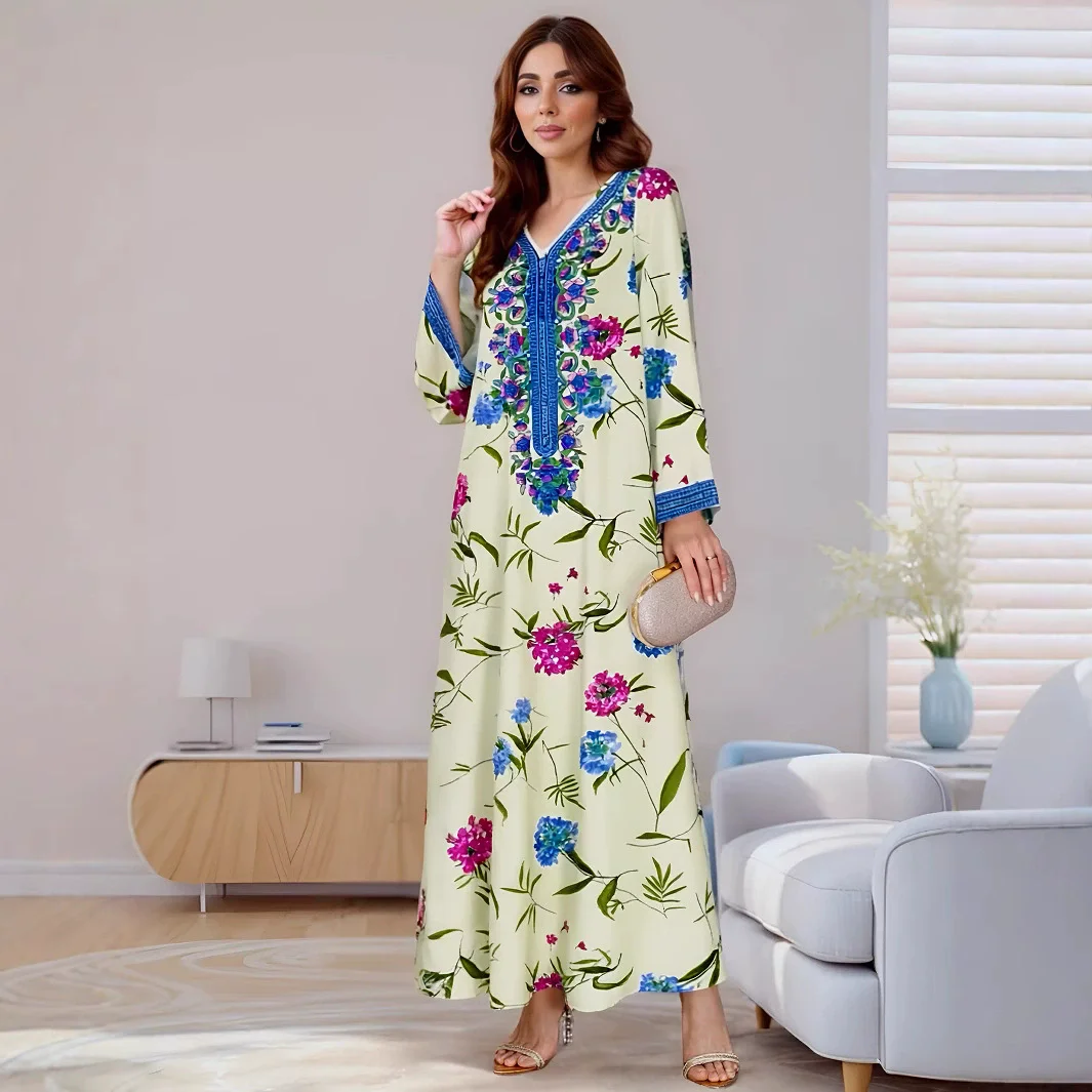 Eid Party Robe musulmane pour femmes Abaya col en V imprimé Floral chaîne taille Maroc robes de soirée caftan arabe longue Robe robes