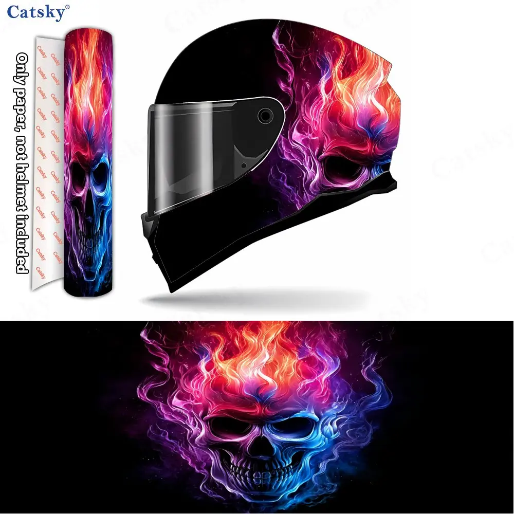 Neon Flame Spirit Skull Helmet Vinyl Wraps, Waterproof Scratch-Resistant Full Face Helmet Decals, Durable PVC Decoration Protect