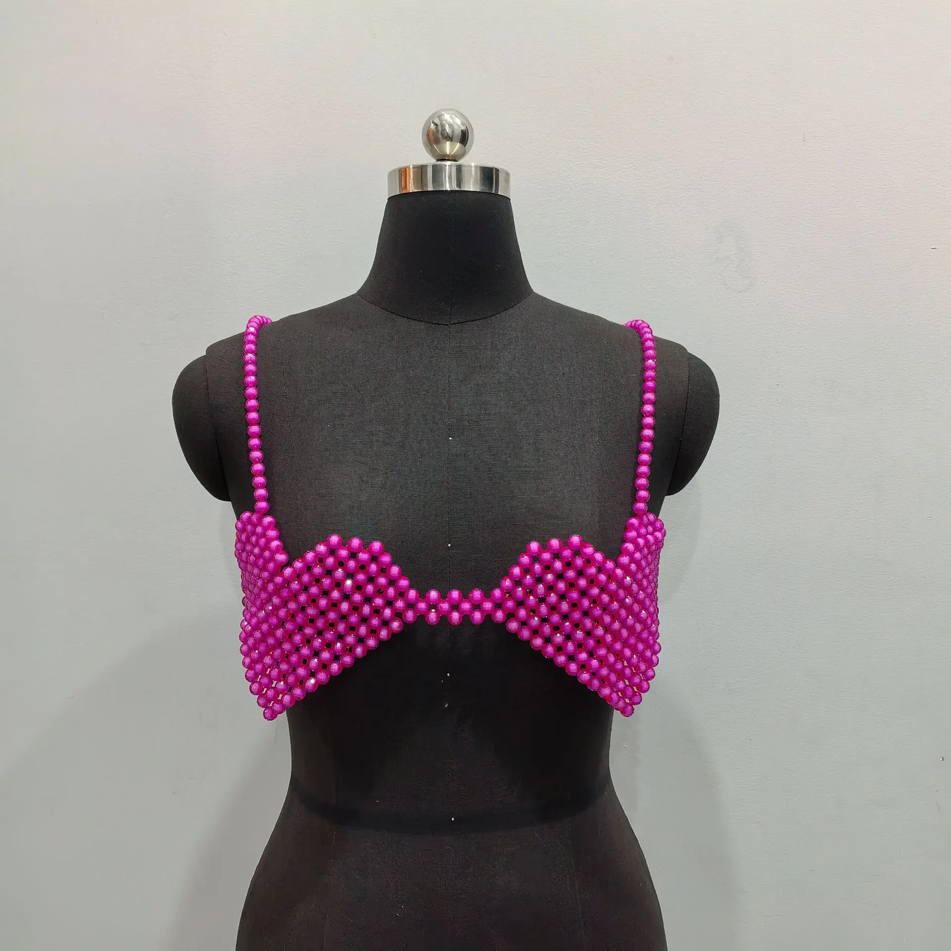 European And American Style Rose Pink Heart-Shaped Bra Chain Sexy Exaggerated Hand Woven Body Chain Rose Pink Camisole Vest