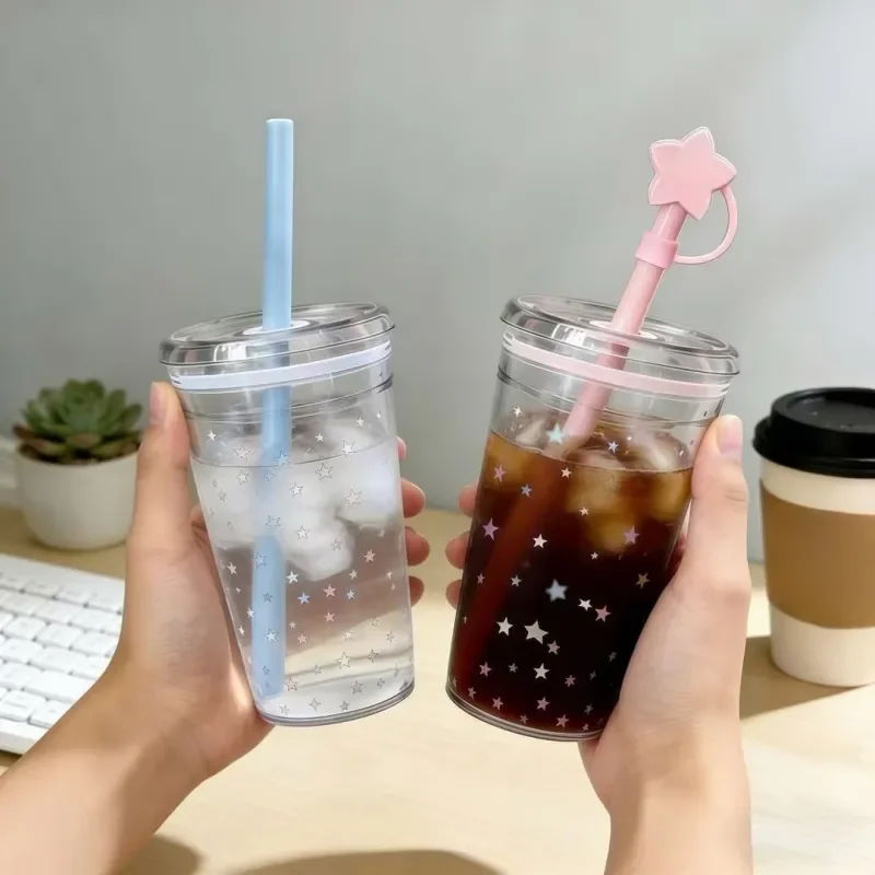 Cute Star Water Bottle 450ml Kawaii Straw Cup Reusable Drinking Plastic Tumbler for Iced Coffee Matcha Juice Cold Drinks Gift Fo