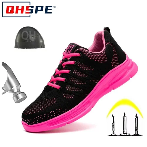 Nuevos zapatos de trabajo rosas, zapatillas de trabajo para mujer, zapatos con punta de acero, zapatos de seguridad antigolpes y antipinchazos, zapatos protectores para hombre y mujer