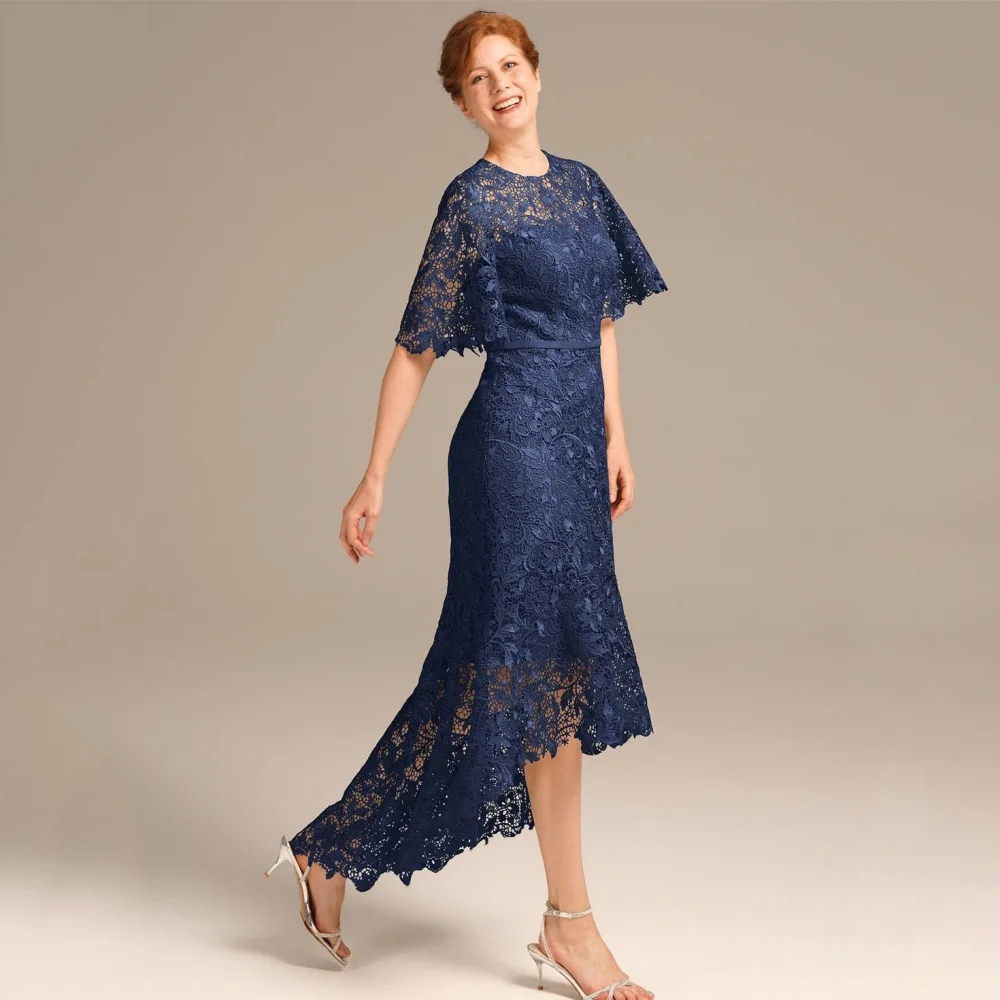 

Elegant Customized Vintage Lace Mother Dresses Mermaid O Neck Wedding Party Gown Short Sleeve Mid-calf Length Occasion Dress