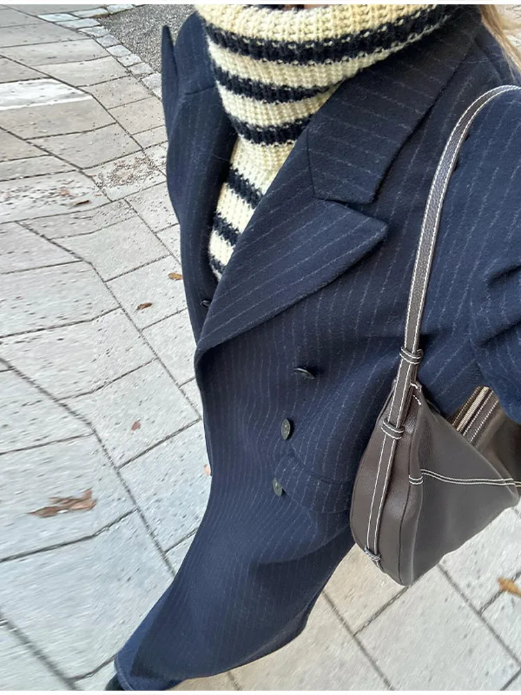 Vintage Gestreiften Revers Lange Blazer Jacken Frauen Chic Schulter Pad Taste Tasche Lose Mantel Herbst Pendeln Straße Tragen 2025 – Detail 15