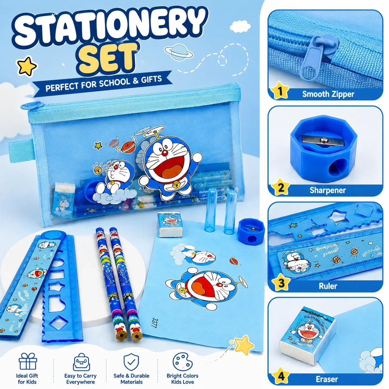 Cute Blue Cartoon Cat Kids Stationery Set Pencils Ruler Sharpener Pen Bag Eraser Back‑To‑School Student Birthday Gift view 6