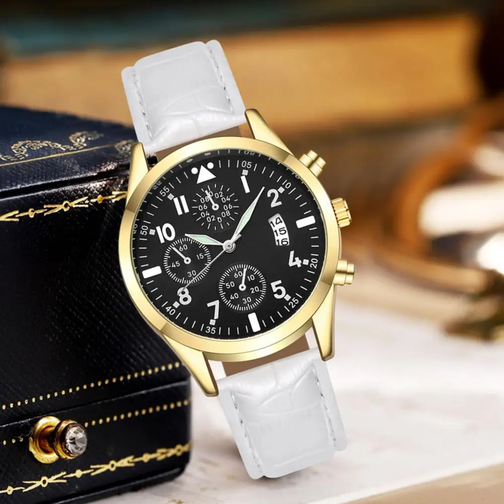 Men Luminous Watch with Faux Leather Strap Round Dial Calendar Formal Watch Accurate Quartz Analog Wristwatch Birthday Gift