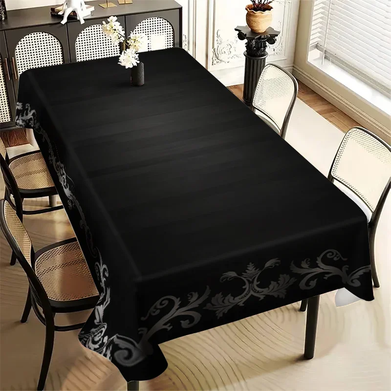 1pc Bohemian floral linen tablecloth with abstract beige and black large Damascus floral pattern in rectangular shapexzj