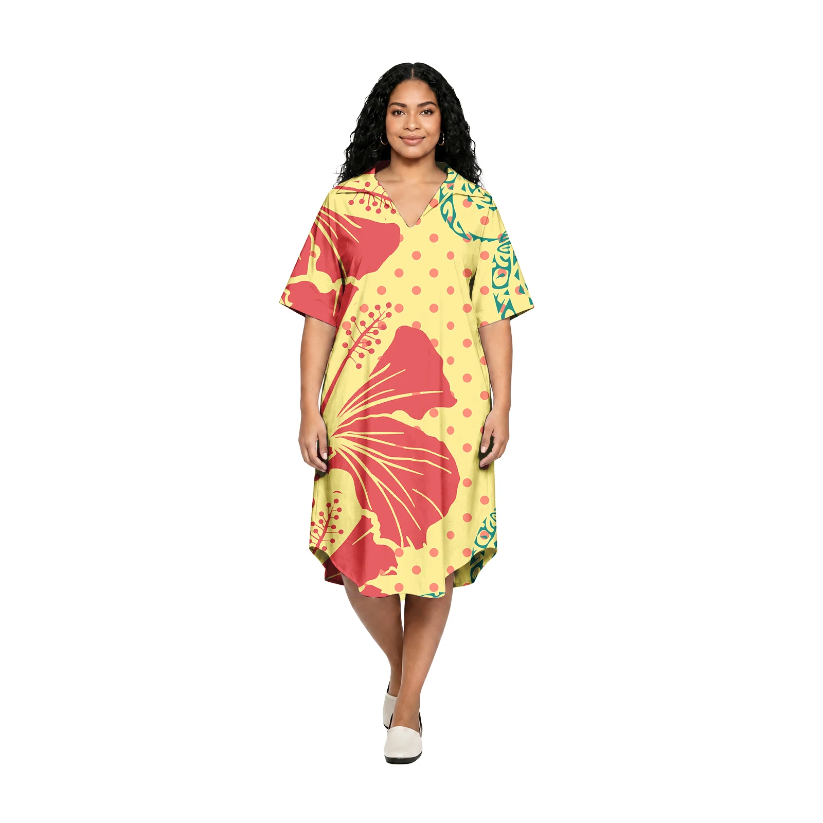 

Party Prom Ladies Beach Long Dresses V-neck Pocket Design Island Style Clothes Hawaiian Hibiscus Print Custom Women Shirts Dress