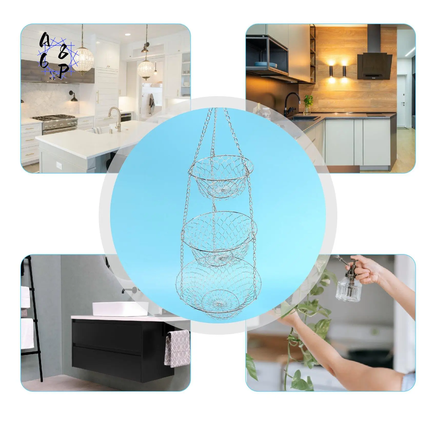 

A68P-3 Tier Fruit Basket, Vegetable Kitchen Storage Basket Chain Hanging Space Saving Fruits, Plants Storage Basket