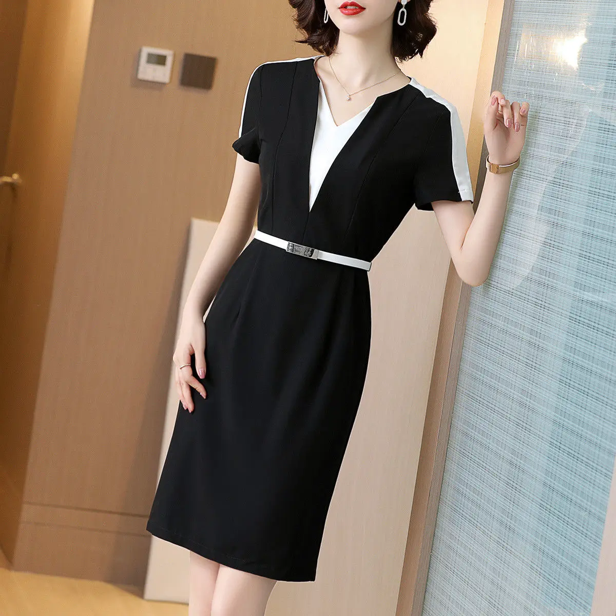 Summer Woman Casual Midi Dress V-Neck Fashion Short Sleeve Zipper Belt Pullover Contrasting Colors Female Elegant Dresses 2022