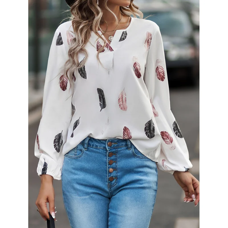 European and American Fashion Temperament Versatile Women's Clothing New Printed V-neck Long Sleeved Casual Trend Pullover Shirt