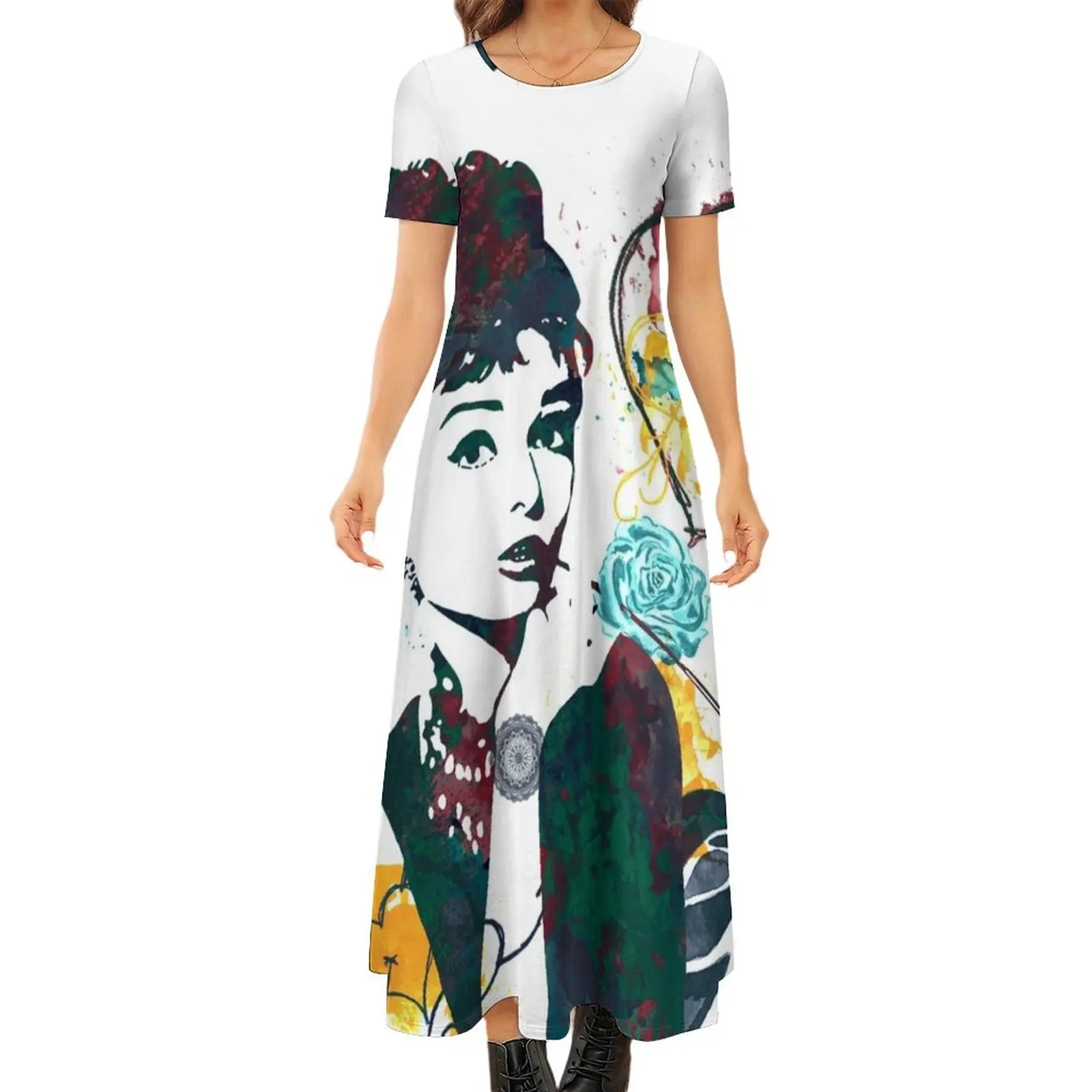 

Audrey Hepburn nature colours Round Neck Short Sleeve Dress Female clothing