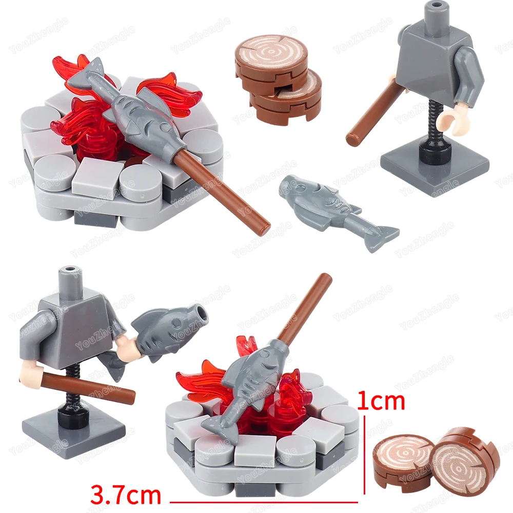 

Campfire Grilled Fish Building Block MOC Figures Wilderness Survival Food Equipment and Tool Scene Model Place Gift Boy DIY Toys