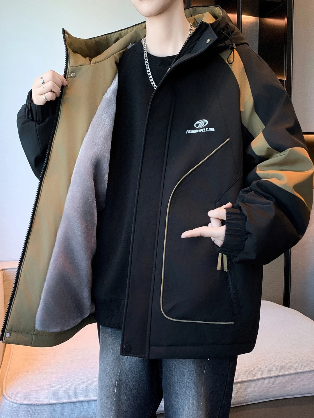 

Winter New Men's Hooded Thiened Fce Outdoor Casual Sle Cotton Jaet Zipper Color Blo Coat Warm Sli Stand Fit