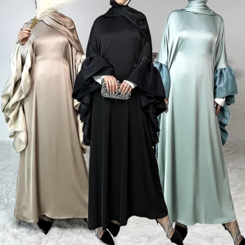 Eid Muslim Abaya Dubai Elegant Ruffle Sleeve Evening Dresses Arab Satin Robe Moroccan Maxi Islamic Turkey Clothes Kaftan Ramadan