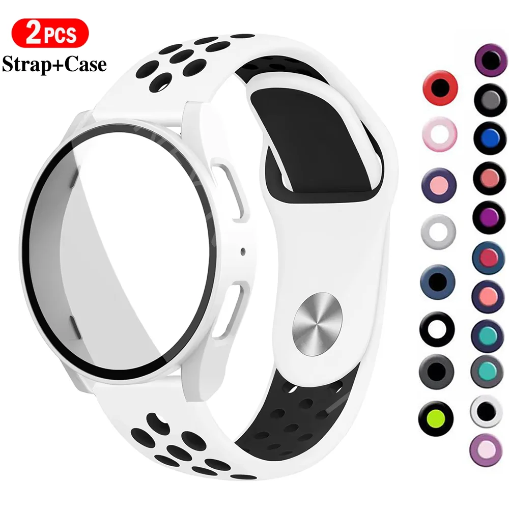 Silikonarmband + Hülle für Samsung Galaxy Watch 7 6 5 4 40 mm 44 mm, 2er-Pack PC-Abdeckung + gehärtetes Glas + Sportlocharmband an 20 mm Bändern