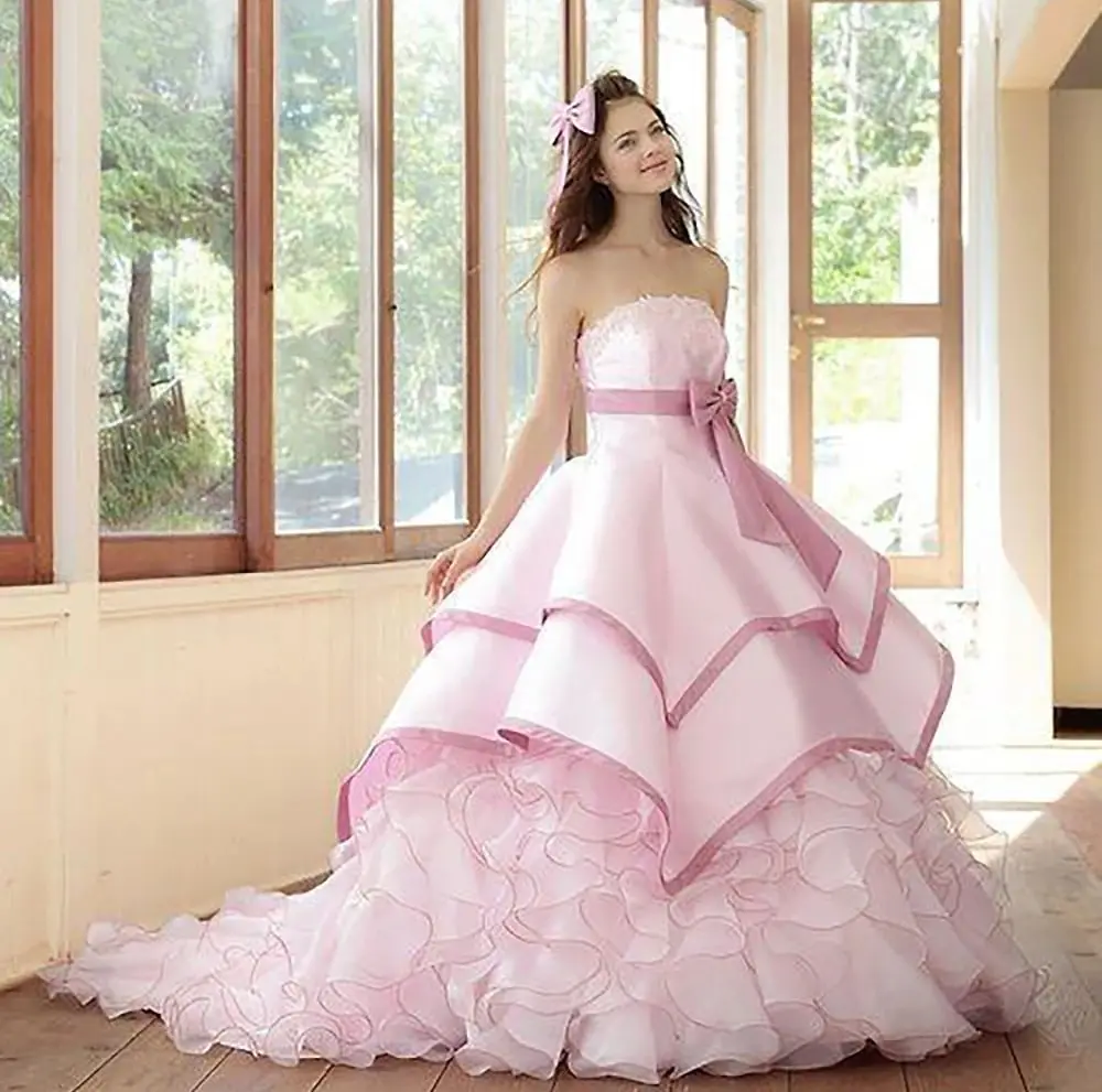 Strapless Pleated Layer Princess Evening Dress With Bow Belt New Fashion Female Formal Banquet Party Prom Gowns