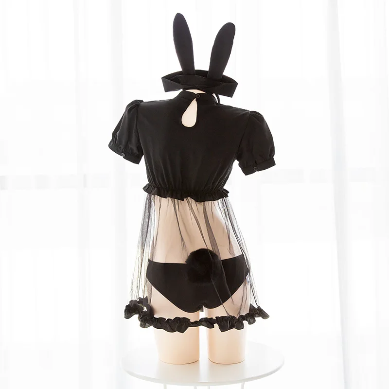 Lolita Rabbit Nurse Cosplay Uniform Love Heart Hollow Out Perspective Nightdress Women Cute Sexy Lingerie Suit With Tail