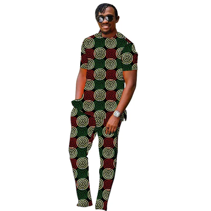 Tailor Made Men's Short Sleeve Tops+Colorful Print Trousers African Garment Male Pant Suits Custom Dance Party Wear