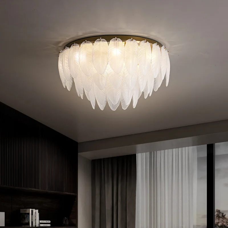 

Modern Brass White Glass Feather Ceiling Lamp Luxury Led Lights Home Decor Lustres Lampara Techo for Living Room Bedroom