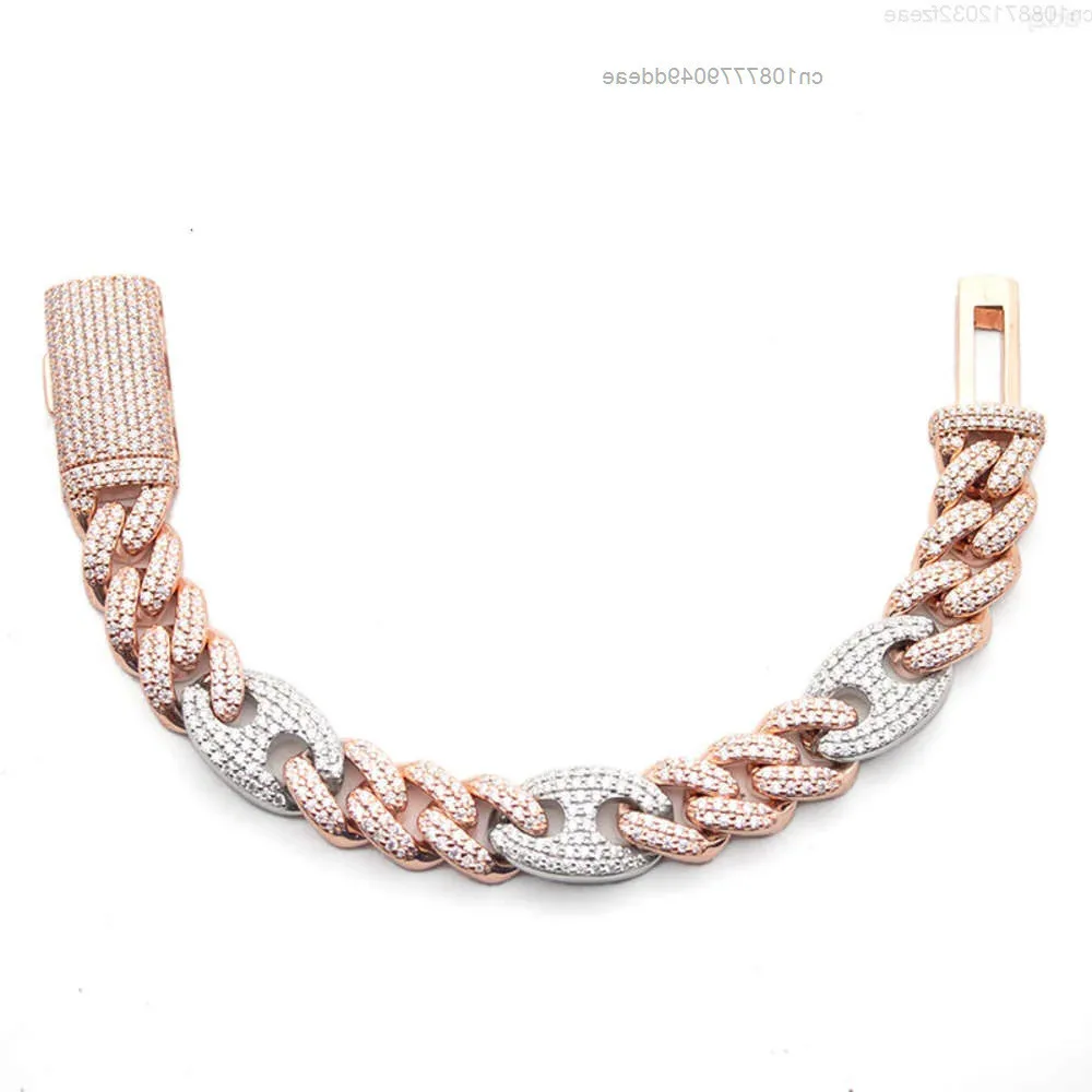 

15mm Rose Gold 2 Tone Pig Nose Fine Jewelry S925 Silver Cuban Link Chain Bracelet Vvs1 Moissanite Necklace Iced Out Bracelet